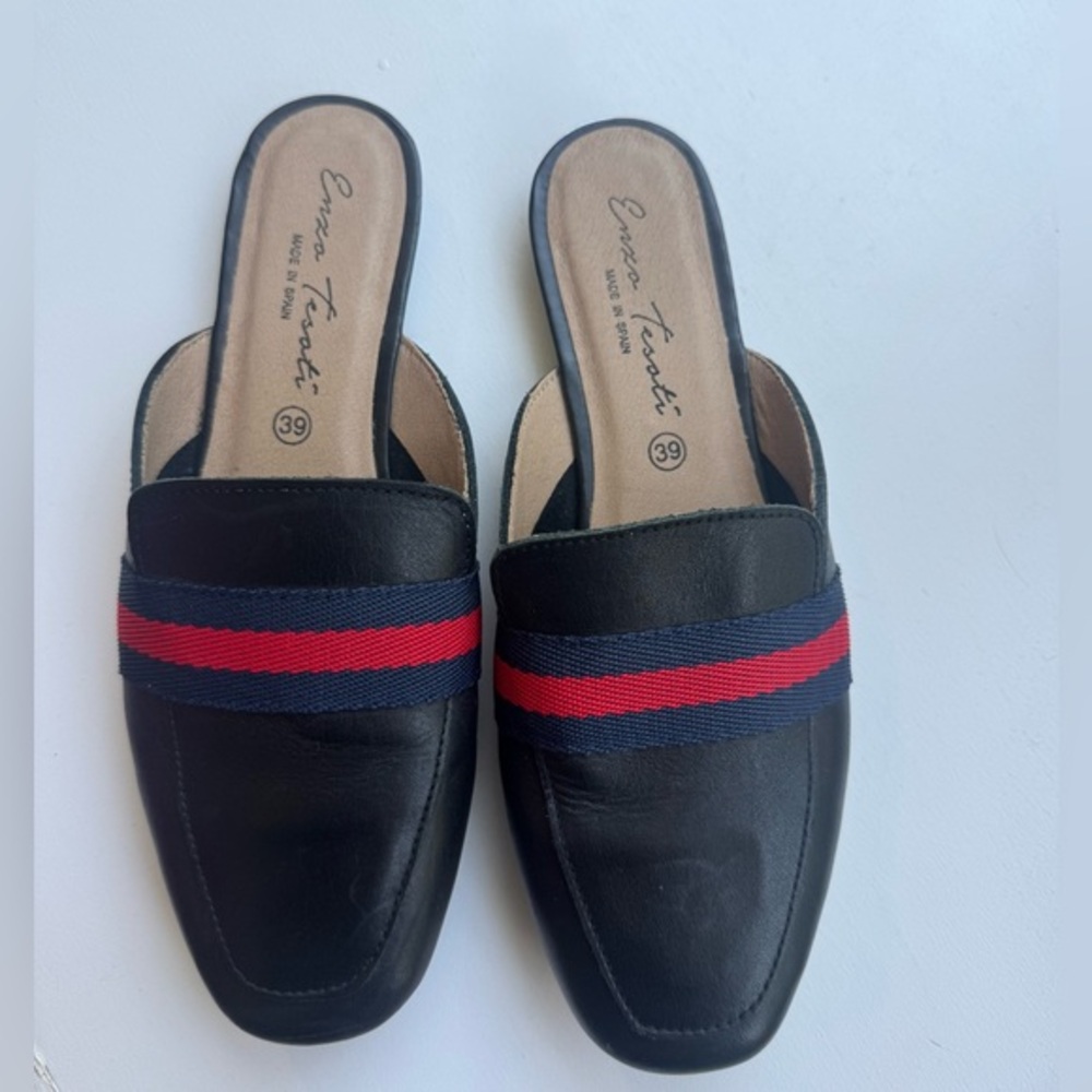 Enzo Tesoti Leather Slip On Mules Black Navy Blue Stripe Shoes Size US 7.5/8